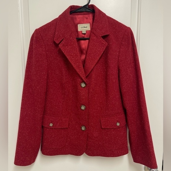 L.L. Bean Women's Red Fleck 3 button Lined wool blazer Jacket Medium Petite - Picture 1 of 9